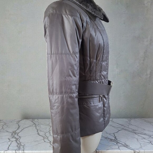 NY&CO Jacket Faux Fur Trim Packable Nylon Puffer Jacket size S color Silver - Picture 9 of 10